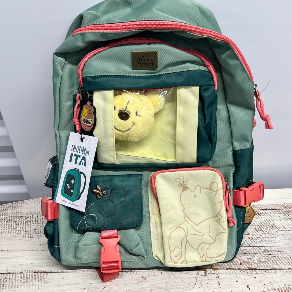 Disney Winnie the Pooh Multi-Pocket Backpack with Plush Pooh Bear Keychain NWT